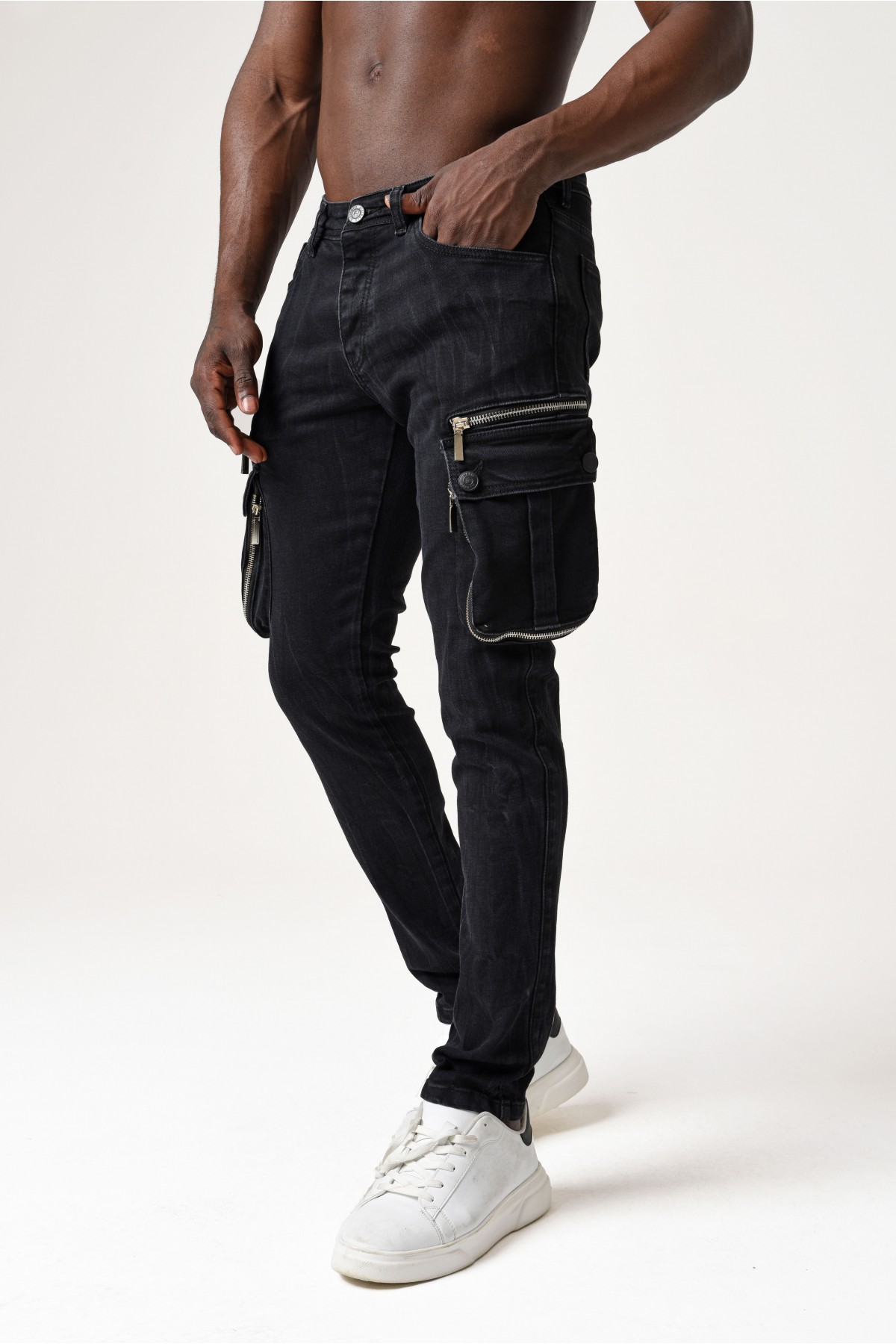 Erkek Denim Pantolon - Belde Siyah morato etiketi ve kargo cep - Koyu Gri
